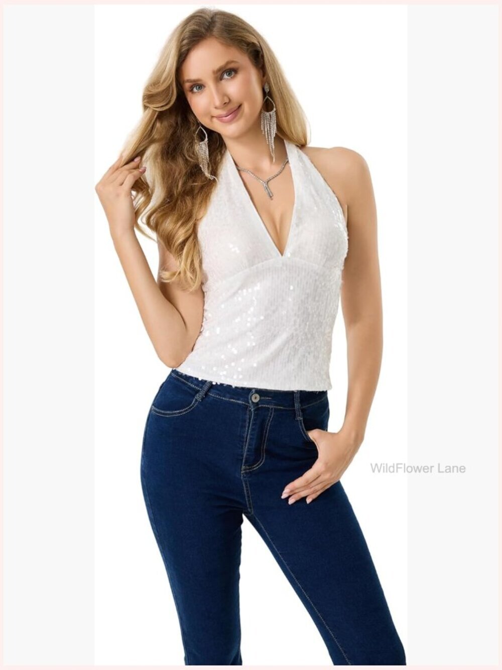 Y2K Sparkly Halter V Neck Tank Top Glitter Crop Blouse Sleeveless Backless